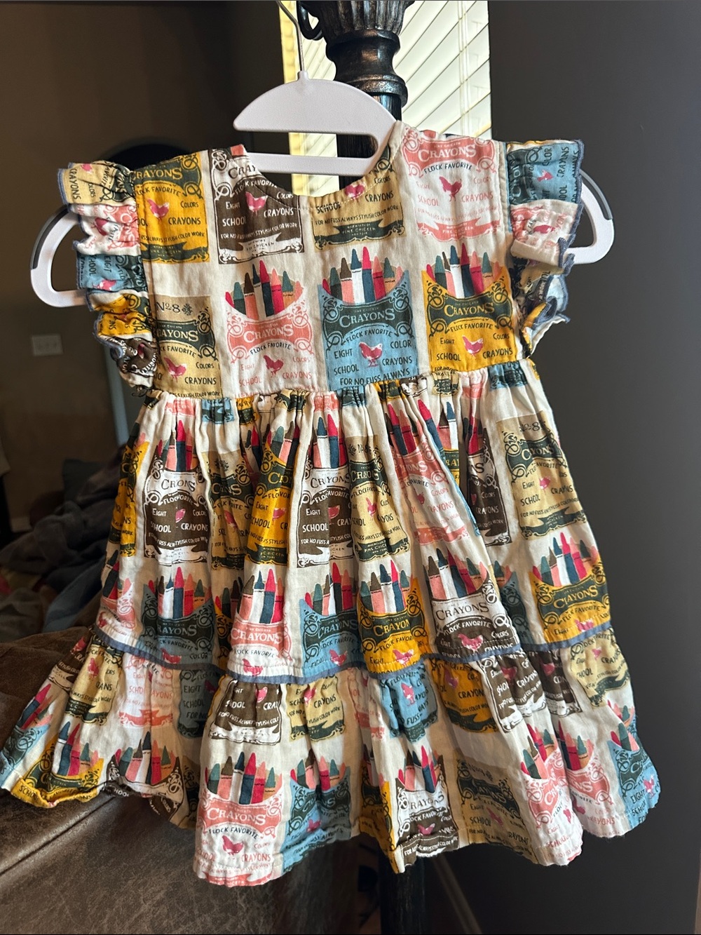 Pink Chicken Multicolor Crayon Print Ruffle-Sleeve Dress
